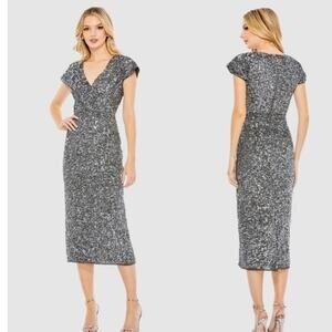 Mac Duggal Silver Sequin V-Neck Midi Dress
